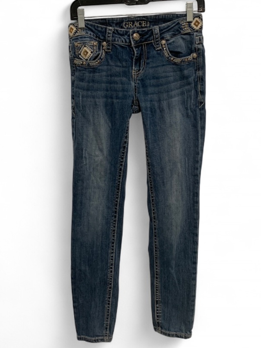Grace in LA Dark Blue Skinny Jeans with Boho Southwestern Embroidered Pockets